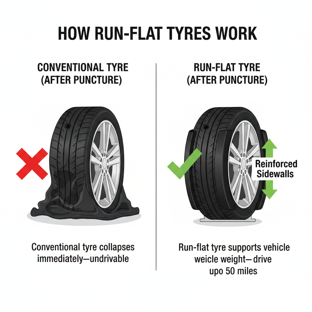 Comparison diagram showing conventional tyre collapse vs run-flat tyre support after punctur